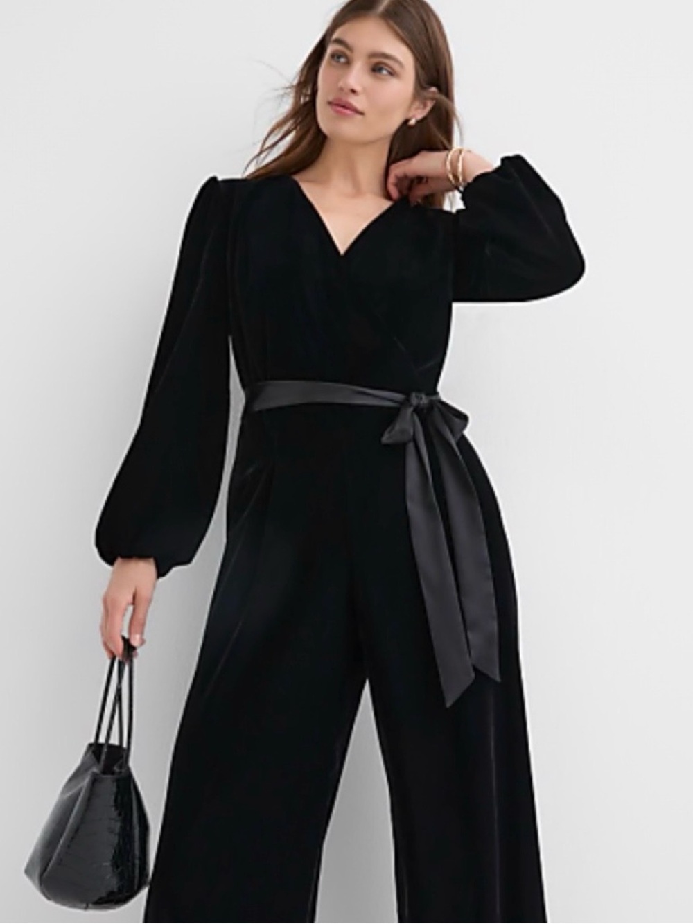 LOFT Black Velvet with Satin Tie-Waist Jumpsuit